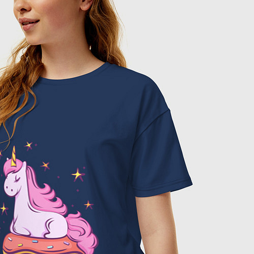 Женская футболка оверсайз Единорог на пончике / Тёмно-синий – фото 3