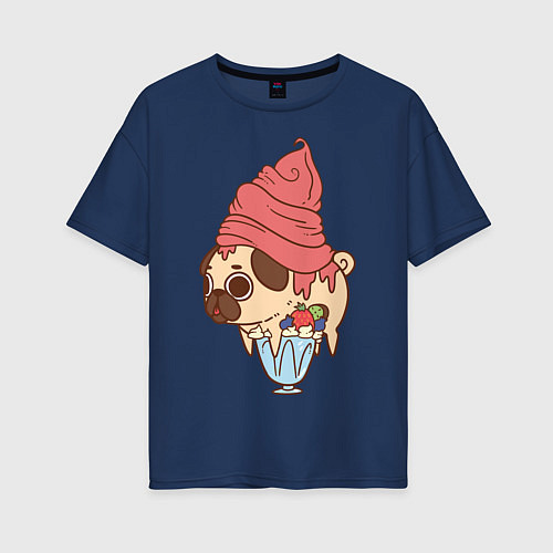 Женская футболка оверсайз Мопс-пироженное / Тёмно-синий – фото 1