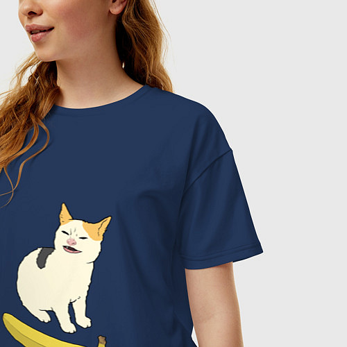 Женская футболка оверсайз Cat no banana meme / Тёмно-синий – фото 3