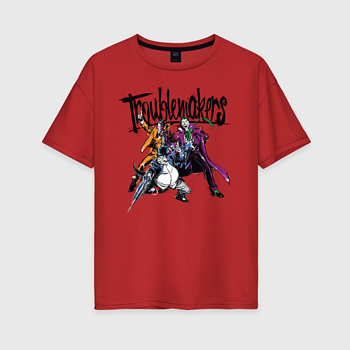 Женская футболка оверсайз Troublemakers - Джокер и Харви с Пингвином / Красный – фото 1