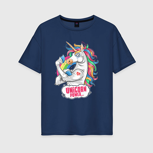 Женская футболка оверсайз Unicorn Power Единорог / Тёмно-синий – фото 1