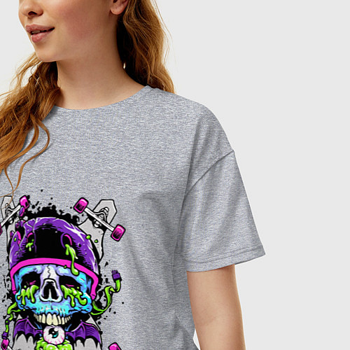Женская футболка оверсайз Crazy skull - skateboard / Меланж – фото 3