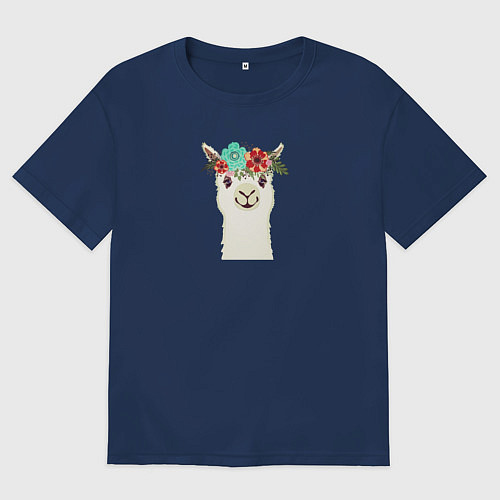 Женская футболка оверсайз Милая лама альпака с цветами / Тёмно-синий – фото 1
