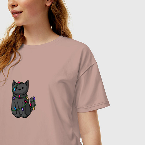 Женская футболка оверсайз Кото-ёлка / Пыльно-розовый – фото 3