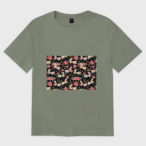 Женская футболка оверсайз Лошади и цветы / Авокадо – фото 1