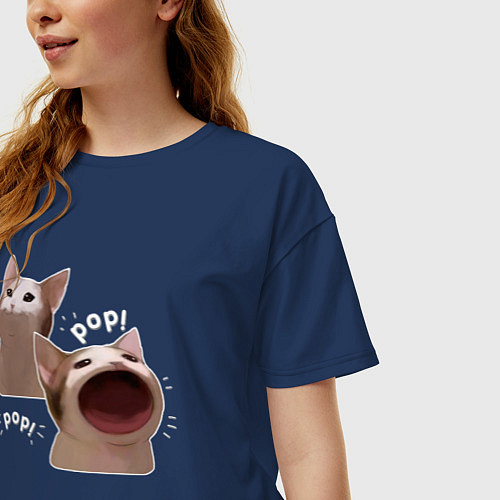 Женская футболка оверсайз Cat Pop - Мем / Тёмно-синий – фото 3