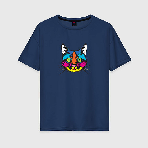 Женская футболка оверсайз Pop art Cat / Тёмно-синий – фото 1