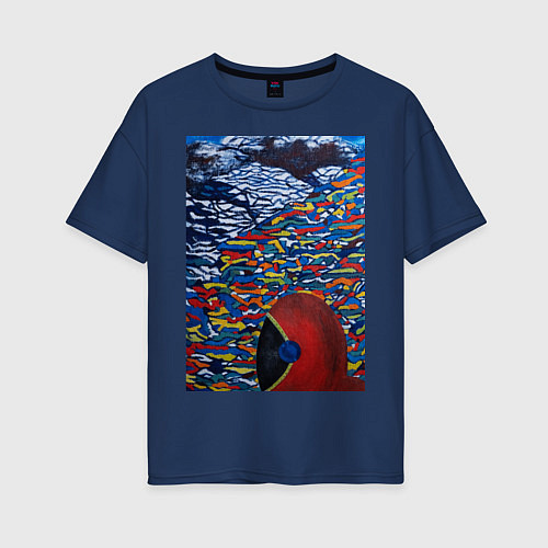 Женская футболка оверсайз Картина космонавт / Тёмно-синий – фото 1