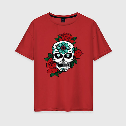 Женская футболка оверсайз Череп и розы / Красный – фото 1