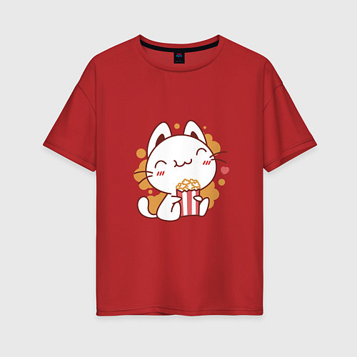 Женская футболка оверсайз Котик с попкорном / Красный – фото 1