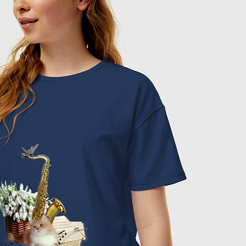 Женская футболка оверсайз Саксофон кот ноты / Тёмно-синий – фото 3