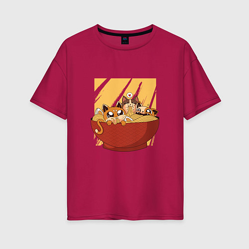 Женская футболка оверсайз Котята в миске с лапшой / Маджента – фото 1