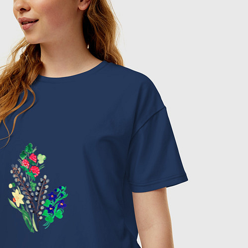 Женская футболка оверсайз Разные цветы / Тёмно-синий – фото 3