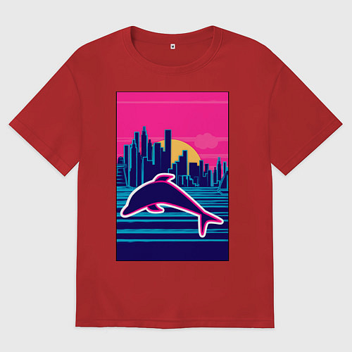 Женская футболка оверсайз Дельфин на фоне города / Красный – фото 1
