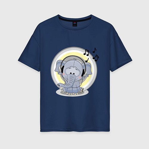 Женская футболка оверсайз Слоненок в наушниках / Тёмно-синий – фото 1