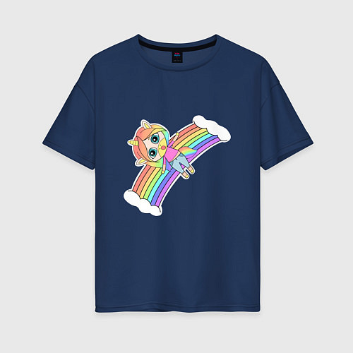 Женская футболка оверсайз Единорожка на радуге / Тёмно-синий – фото 1