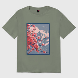 Футболка оверсайз женская Цветение Сакуры на фоне Фудзи, цвет: авокадо