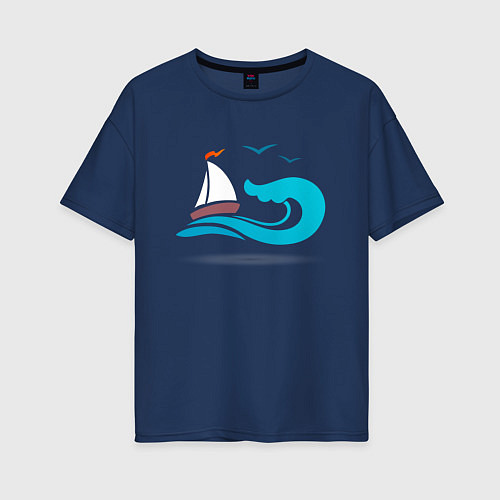 Женская футболка оверсайз Кораблик и чайки / Тёмно-синий – фото 1