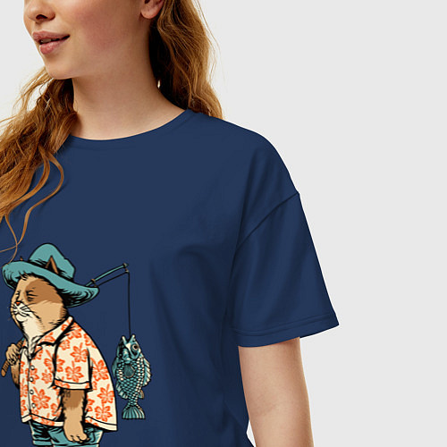 Женская футболка оверсайз Кот рыбак / Тёмно-синий – фото 3