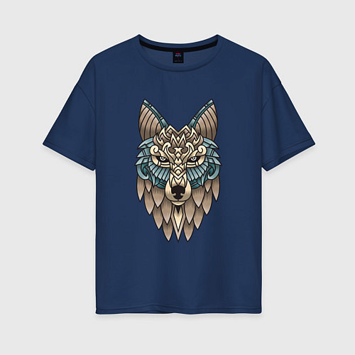 Женская футболка оверсайз Волк орнамент / Тёмно-синий – фото 1