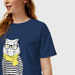 Футболка оверсайз женская Hipster Cat, цвет: тёмно-синий — фото 2