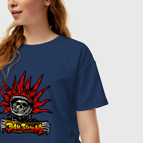 Женская футболка оверсайз Элизиум череп с табличкой / Тёмно-синий – фото 3