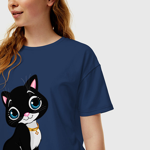 Женская футболка оверсайз Домашняя кошечка / Тёмно-синий – фото 3