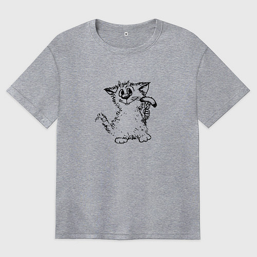 Женская футболка оверсайз Котенок с вилкой и сосиской / Меланж – фото 1