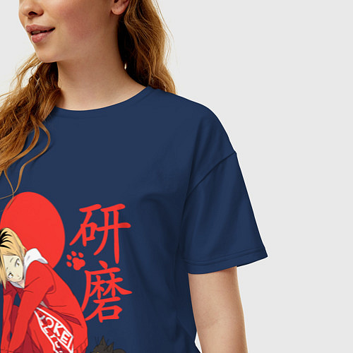 Женская футболка оверсайз Кенма Козуме с котиком Haikyuu / Тёмно-синий – фото 3