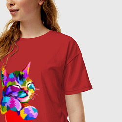 Футболка оверсайз женская РАДУЖНЫЙ КОТИК RAINBOW KITTY, цвет: красный — фото 2