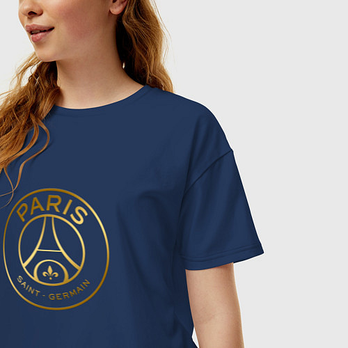 Женская футболка оверсайз PSG GOLD LOGO ПСЖ ЗОЛОТО / Тёмно-синий – фото 3