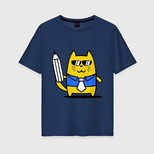 Женская футболка оверсайз Деловой котик / Тёмно-синий – фото 1