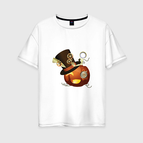 Женская футболка оверсайз Хэллоуин в стиле стимпанк с тыквой в шляпе / Белый – фото 1