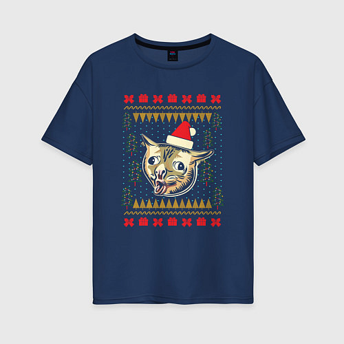 Женская футболка оверсайз Рождественский свитер кашляющий кот / Тёмно-синий – фото 1
