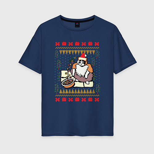 Женская футболка оверсайз Рождественский свитер Котик с колечками / Тёмно-синий – фото 1