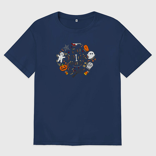 Женская футболка оверсайз Eat drink and be scary mix / Тёмно-синий – фото 1