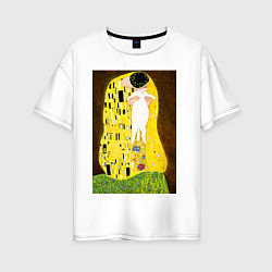 Футболка оверсайз женская Густав Климт влюблённые поцелуй с котом, цвет: белый