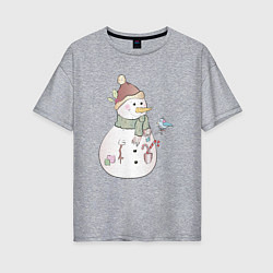 Женская футболка оверсайз Снеговик с птичкой