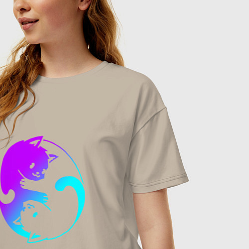 Женская футболка оверсайз ИНЬ ЯНЬ КОТИКИ В НЕОНЕ / Миндальный – фото 3