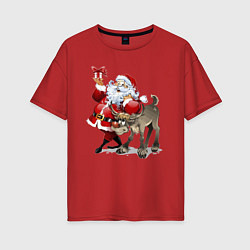 Женская футболка оверсайз Прикольный дедуля с подарком и олень