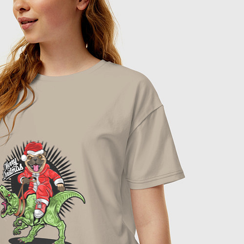 Женская футболка оверсайз Мопс на Динозавре Новый год 2022 / Миндальный – фото 3