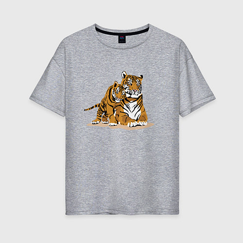 Женская футболка оверсайз Тигрица с игривым тигрёнком / Меланж – фото 1