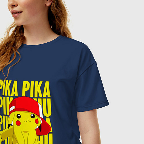 Женская футболка оверсайз ПИКАЧУ В КЕПКЕ ПОКЕМОНЫ / Тёмно-синий – фото 3