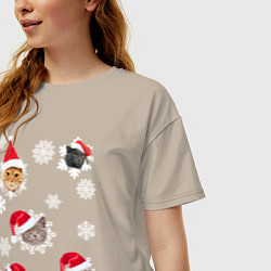 Футболка оверсайз женская Новогодние Коты в Шапках, цвет: миндальный — фото 2