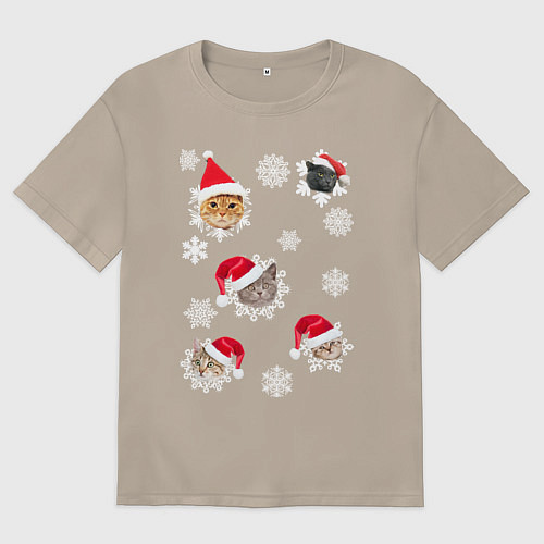 Женская футболка оверсайз Новогодние Коты в Шапках / Миндальный – фото 1