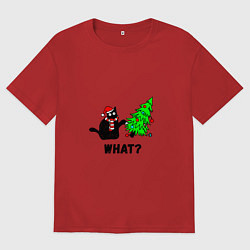 Футболка оверсайз женская Кот роняет елку, цвет: красный