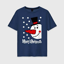 Футболка оверсайз женская Merry Christmas: снеговик в шляпе, цвет: тёмно-синий