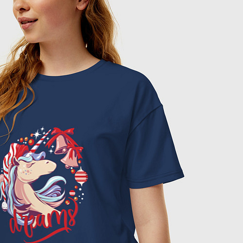 Женская футболка оверсайз Christmas unicorn Dreams / Тёмно-синий – фото 3
