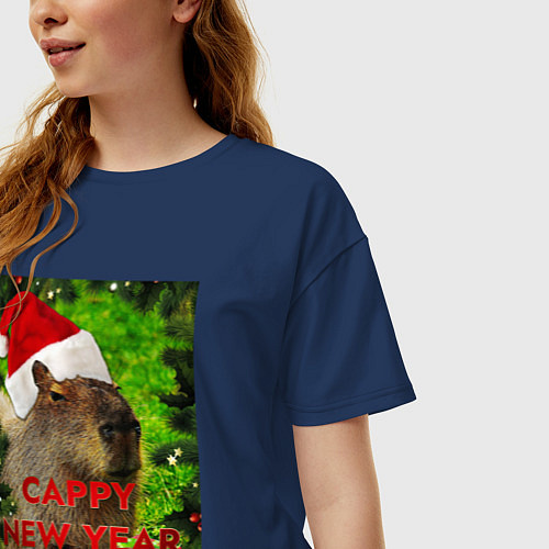 Женская футболка оверсайз Капибара happy new year capybara новый год / Тёмно-синий – фото 3