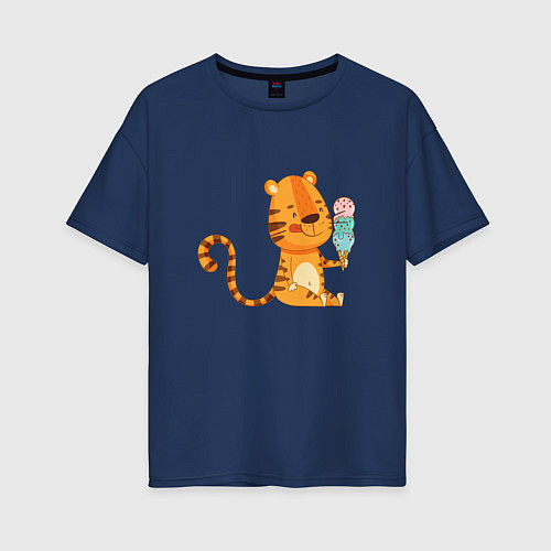 Женская футболка оверсайз Тигр с мороженым - символ года / Тёмно-синий – фото 1